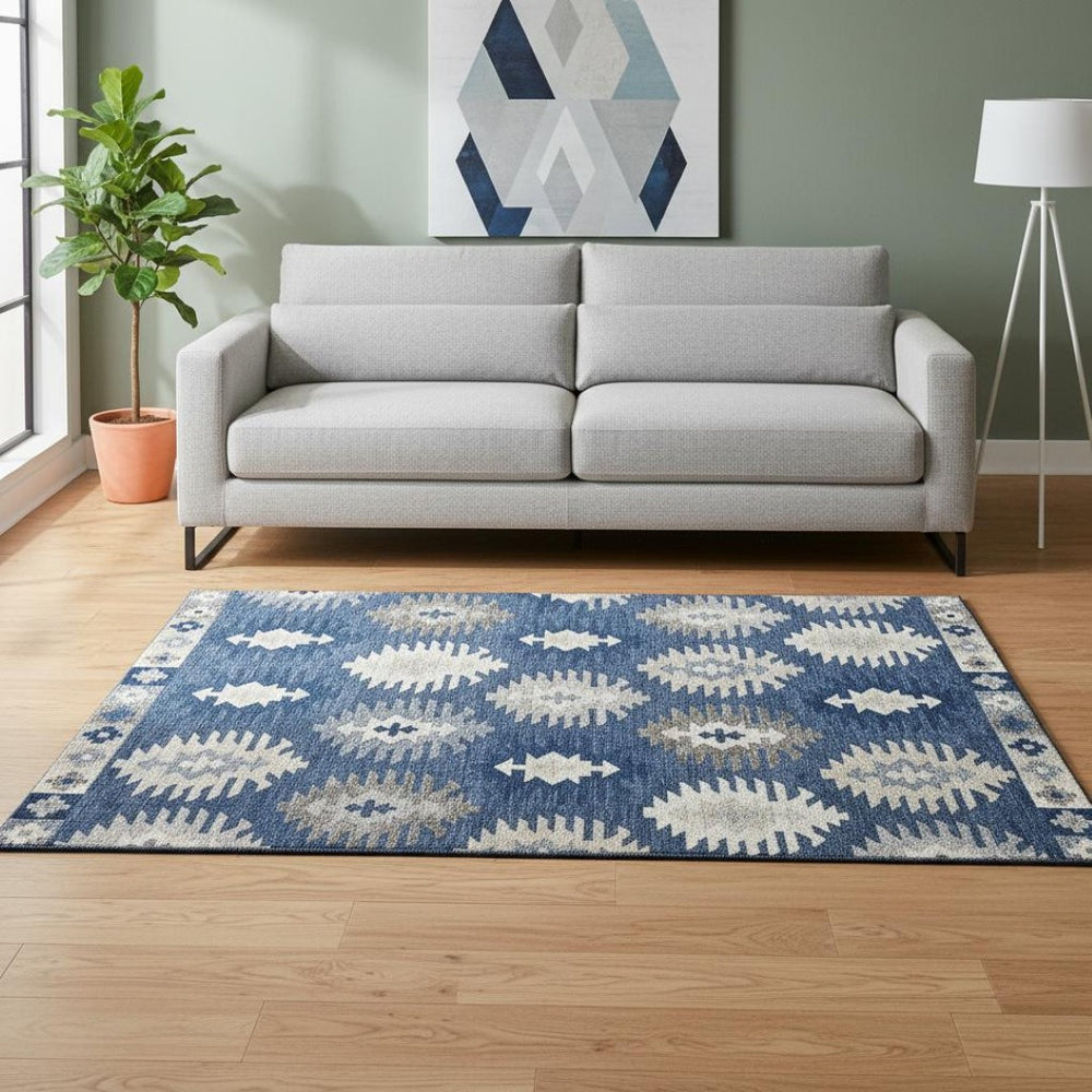 HomeRoots 5' X 8' Southwestern Area Rug in Navy Blue, Ivory & Gray - Washable, UV-Protected, Durable Design 677647