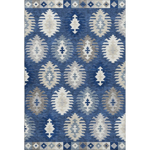 HomeRoots 5' X 8' Southwestern Area Rug in Navy Blue, Ivory & Gray - Washable, UV-Protected, Durable Design 677647