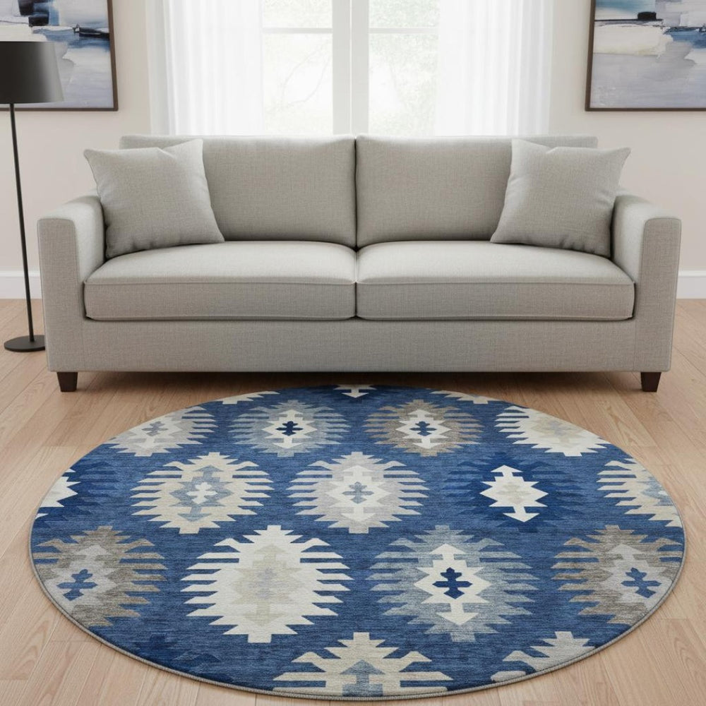 HomeRoots 8' Southwestern Washable Round Rug in Navy, Ivory & Gray - Durable, Stain-Resistant, UV Protected! 677648