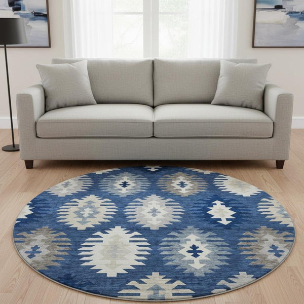 HomeRoots 8' Southwestern Washable Round Rug in Navy, Ivory & Gray - Durable, Stain-Resistant, UV Protected! 677648