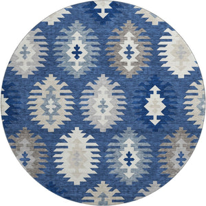 HomeRoots 8' Southwestern Washable Round Rug in Navy, Ivory & Gray - Durable, Stain-Resistant, UV Protected! 677648