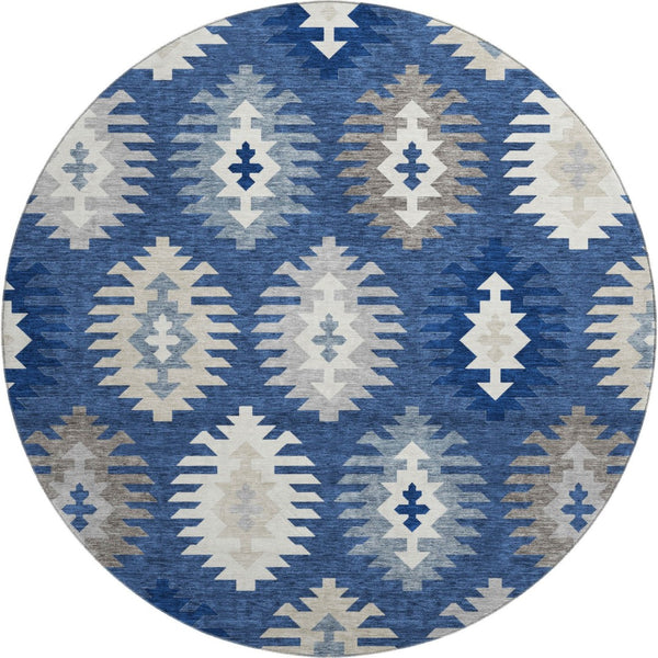 HomeRoots 8' Southwestern Washable Round Rug in Navy, Ivory & Gray - Durable, Stain-Resistant, UV Protected! 677648