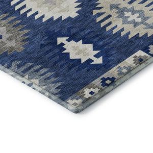 HomeRoots 8' Southwestern Washable Round Rug in Navy, Ivory & Gray - Durable, Stain-Resistant, UV Protected! 677648