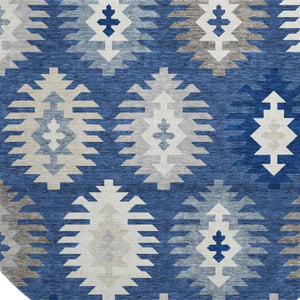 HomeRoots 8' Southwestern Washable Round Rug in Navy, Ivory & Gray - Durable, Stain-Resistant, UV Protected! 677648