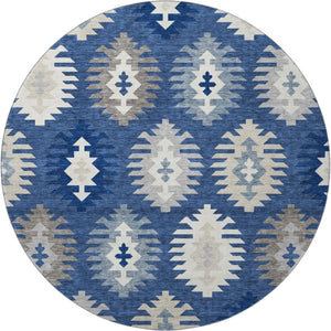 HomeRoots 8' Southwestern Washable Round Rug in Navy, Ivory & Gray - Durable, Stain-Resistant, UV Protected! 677648