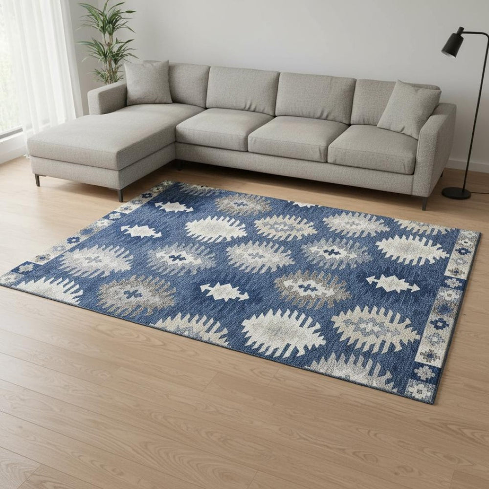 HomeRoots 8' X 10' Southwestern Washable Area Rug in Navy Blue, Ivory & Gray with UV Protection for Durability 677649