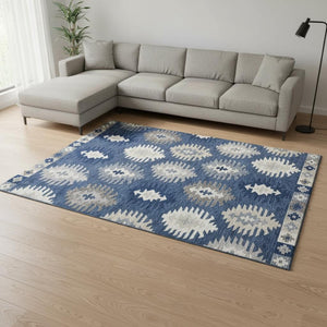 HomeRoots 8' X 10' Southwestern Washable Area Rug in Navy Blue, Ivory & Gray with UV Protection for Durability 677649