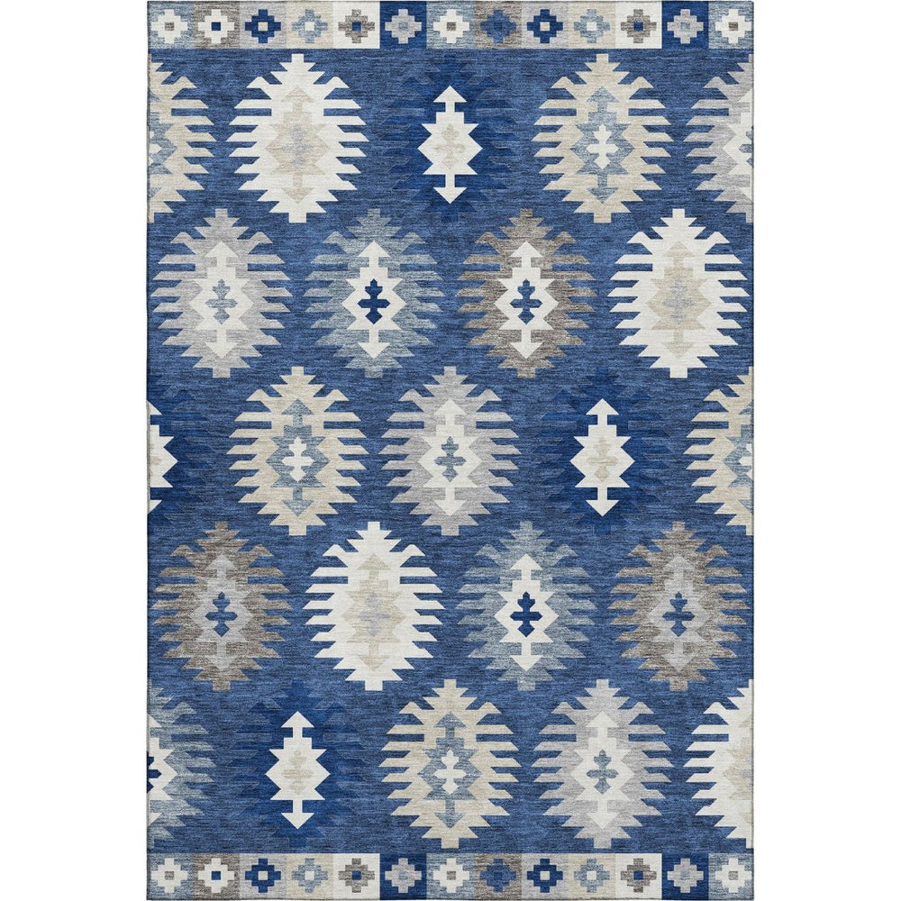 HomeRoots 8' X 10' Southwestern Washable Area Rug in Navy Blue, Ivory & Gray with UV Protection for Durability 677649