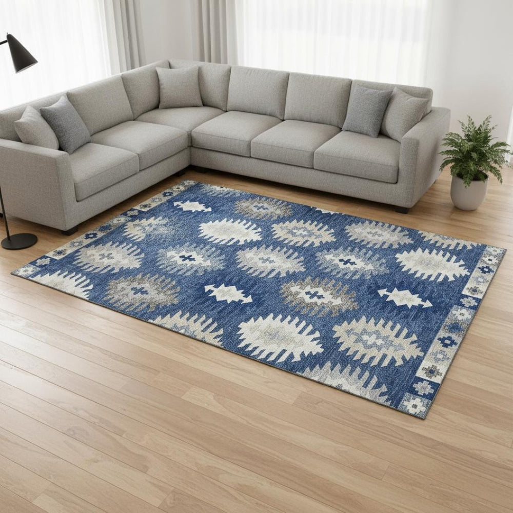 HomeRoots 9' X 12' Southwestern Washable Area Rug - Stylish Navy, Ivory & Gray with UV Protection for Homes 677650