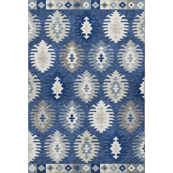 HomeRoots 9' X 12' Southwestern Washable Area Rug - Stylish Navy, Ivory & Gray with UV Protection for Homes 677650