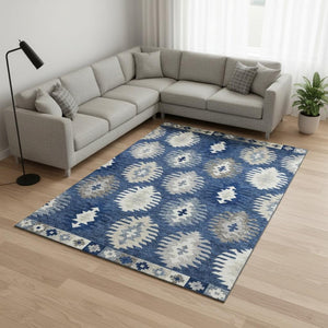 HomeRoots 10' Southwestern Area Rug in Navy Blue, Ivory & Gray - Washable, UV Protected, Durable Design 677651
