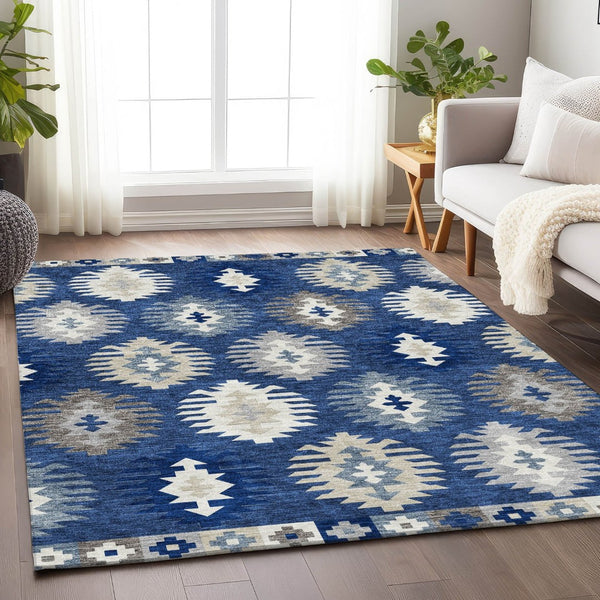 HomeRoots 10' Southwestern Area Rug in Navy Blue, Ivory & Gray - Washable, UV Protected, Durable Design 677651