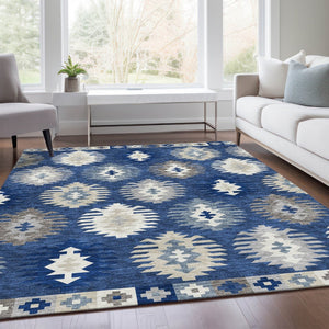 HomeRoots 10' Southwestern Area Rug in Navy Blue, Ivory & Gray - Washable, UV Protected, Durable Design 677651
