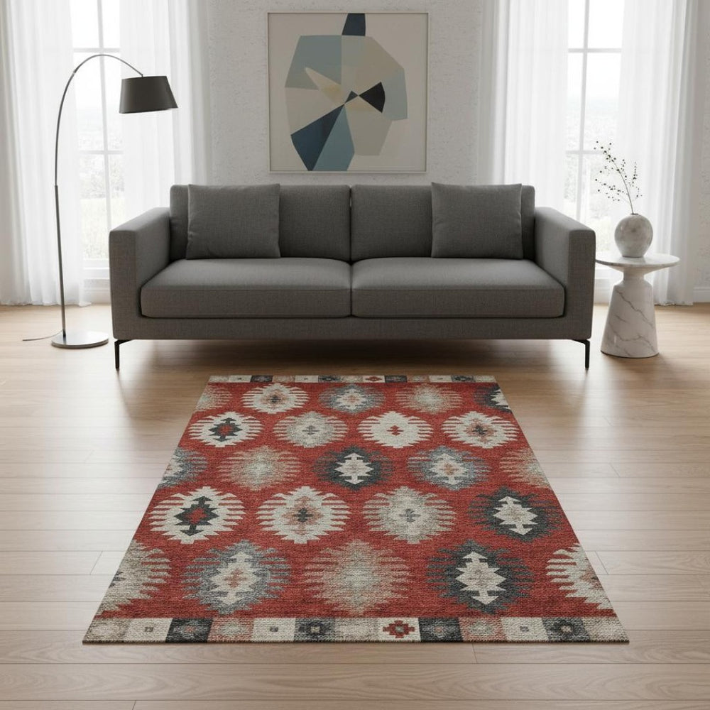 HomeRoots 5' X 8' Southwestern Washable Area Rug in Red, Ivory & Gray - UV Protected, Pet-Friendly, Stylish Decor 677653