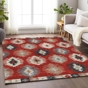 HomeRoots 5' X 8' Southwestern Washable Area Rug in Red, Ivory & Gray - UV Protected, Pet-Friendly, Stylish Decor 677653