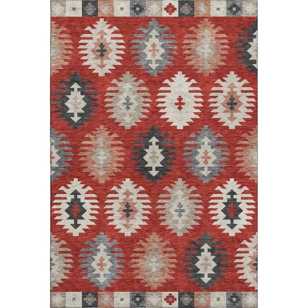HomeRoots 5' X 8' Southwestern Washable Area Rug in Red, Ivory & Gray - UV Protected, Pet-Friendly, Stylish Decor 677653