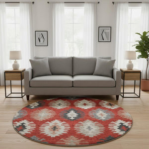 HomeRoots 8' Red Ivory and Gray Southwestern Round Rug – Washable, UV-Protected, Durable for Home Use 677654