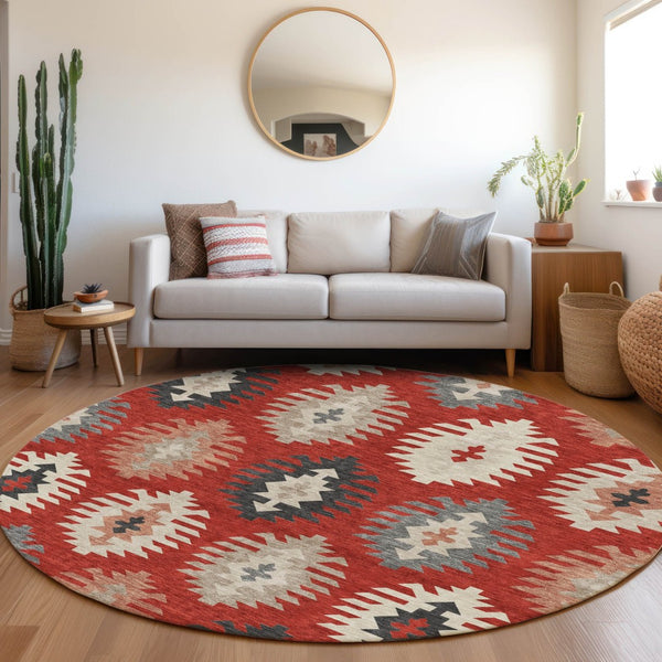 HomeRoots 8' Red Ivory and Gray Southwestern Round Rug – Washable, UV-Protected, Durable for Home Use 677654