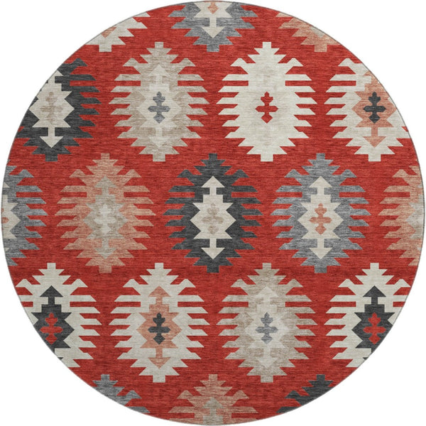 HomeRoots 8' Red Ivory and Gray Southwestern Round Rug – Washable, UV-Protected, Durable for Home Use 677654