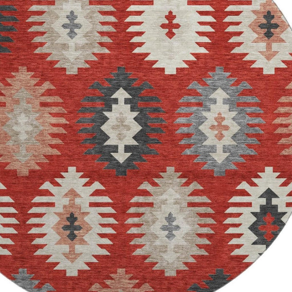 HomeRoots 8' Red Ivory and Gray Southwestern Round Rug – Washable, UV-Protected, Durable for Home Use 677654