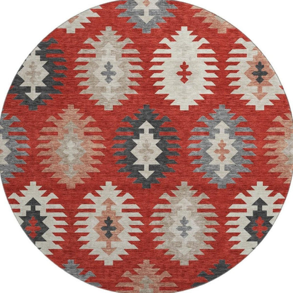 HomeRoots 8' Red Ivory and Gray Southwestern Round Rug – Washable, UV-Protected, Durable for Home Use 677654