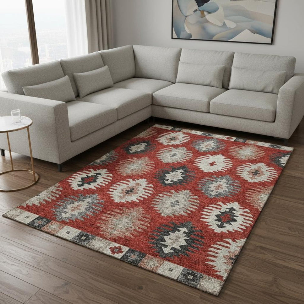 HomeRoots 8' X 10' Southwestern Red, Ivory & Gray Washable Area Rug with UV Protection for Home & Patio Decor 677655