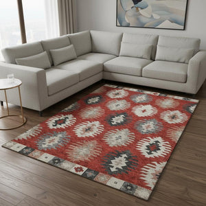 HomeRoots 8' X 10' Southwestern Red, Ivory & Gray Washable Area Rug with UV Protection for Home & Patio Decor 677655
