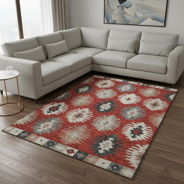 HomeRoots 8' X 10' Southwestern Red, Ivory & Gray Washable Area Rug with UV Protection for Home & Patio Decor 677655