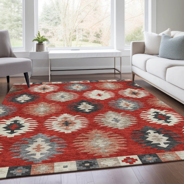 HomeRoots 8' X 10' Southwestern Red, Ivory & Gray Washable Area Rug with UV Protection for Home & Patio Decor 677655