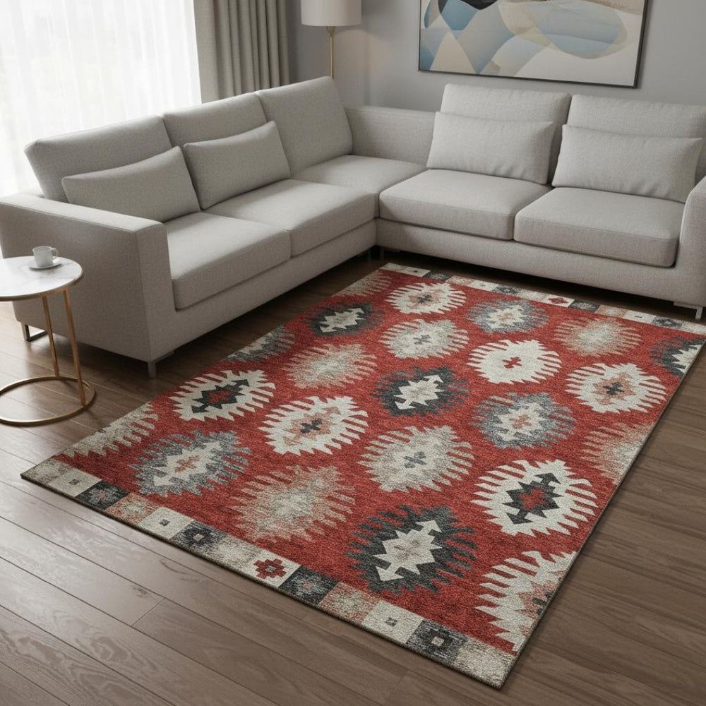HomeRoots 9' X 12' Southwestern Washable Area Rug in Red, Ivory & Gray - Stain Resistant with UV Protection 677656