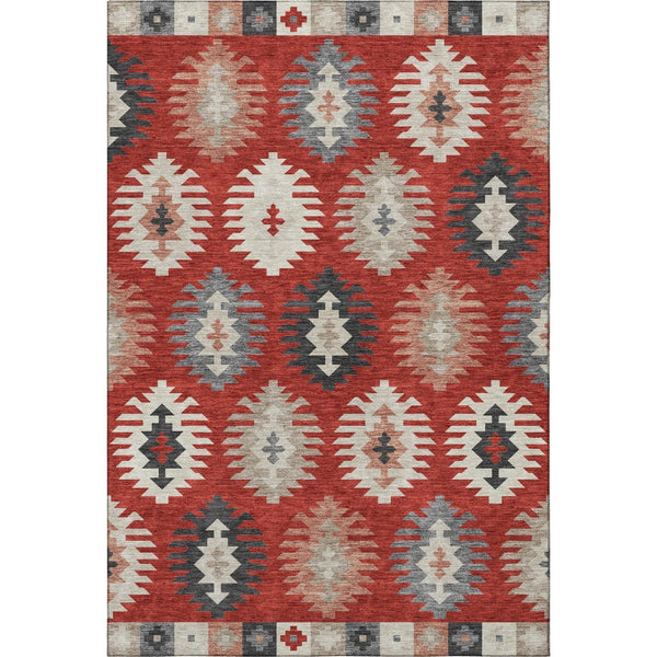 HomeRoots 9' X 12' Southwestern Washable Area Rug in Red, Ivory & Gray - Stain Resistant with UV Protection 677656