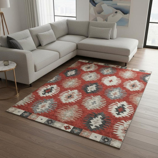 HomeRoots 10' Southwestern Area Rug in Red, Ivory & Gray - Washable, UV-Protected for Kid & Pet-Friendly Homes 677657