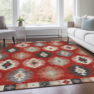 HomeRoots 10' Southwestern Area Rug in Red, Ivory & Gray - Washable, UV-Protected for Kid & Pet-Friendly Homes 677657
