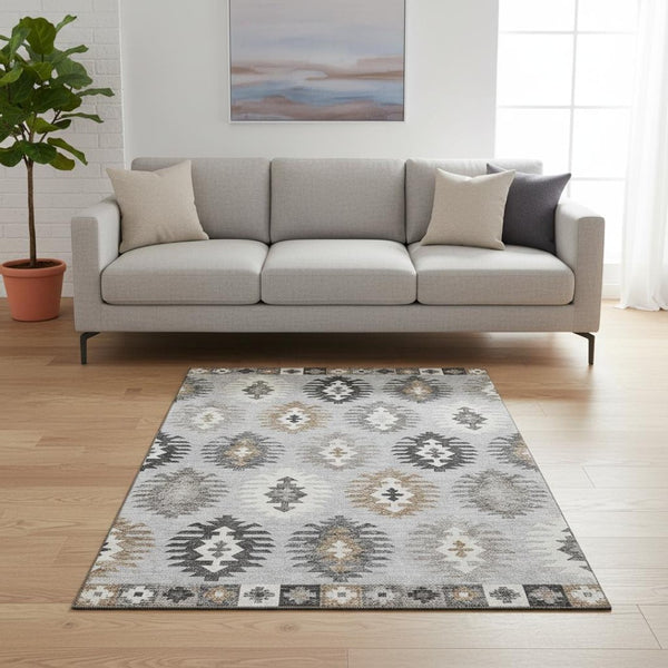 HomeRoots 5' X 8' Silver Gray & Taupe Southwestern Area Rug - Washable, Stain-Resistant, UV Protection! 677659