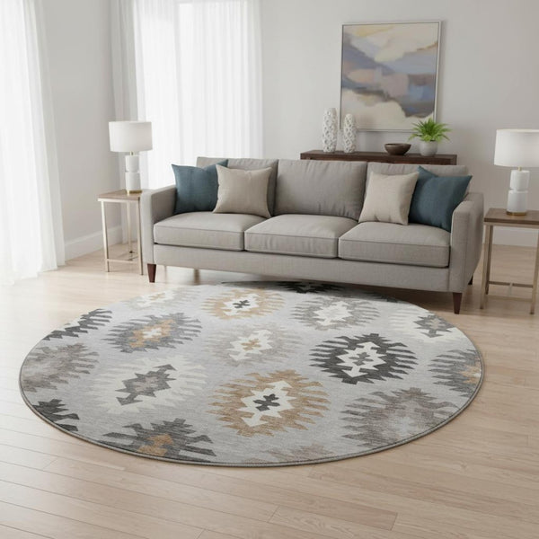 HomeRoots 8' Silver Gray and Taupe Southwestern Round Rug with UV Protection - Washable, Durable, Stylish Decor 677660