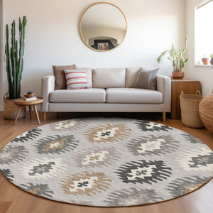 HomeRoots 8' Silver Gray and Taupe Southwestern Round Rug with UV Protection - Washable, Durable, Stylish Decor 677660