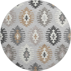 HomeRoots 8' Silver Gray and Taupe Southwestern Round Rug with UV Protection - Washable, Durable, Stylish Decor 677660