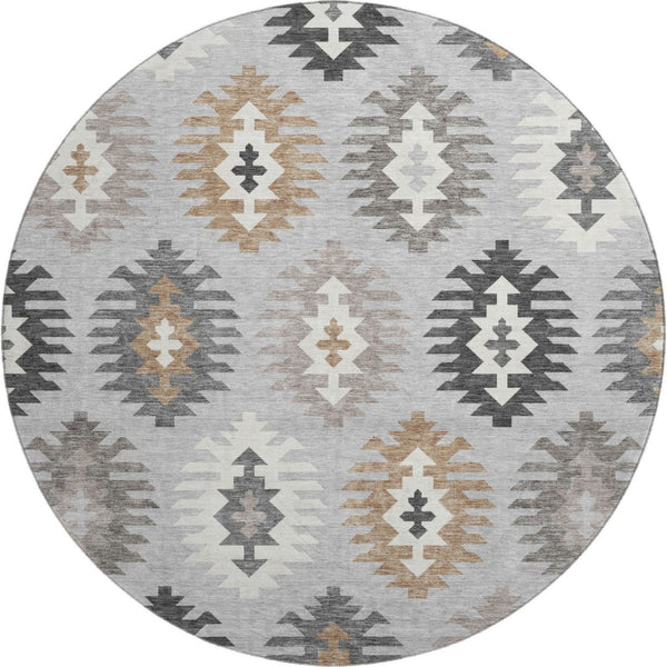 HomeRoots 8' Silver Gray and Taupe Southwestern Round Rug with UV Protection - Washable, Durable, Stylish Decor 677660