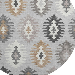 HomeRoots 8' Silver Gray and Taupe Southwestern Round Rug with UV Protection - Washable, Durable, Stylish Decor 677660