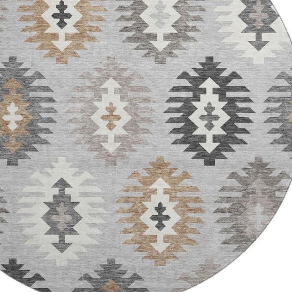 HomeRoots 8' Silver Gray and Taupe Southwestern Round Rug with UV Protection - Washable, Durable, Stylish Decor 677660