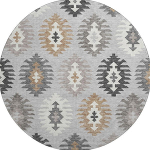 HomeRoots 8' Silver Gray and Taupe Southwestern Round Rug with UV Protection - Washable, Durable, Stylish Decor 677660