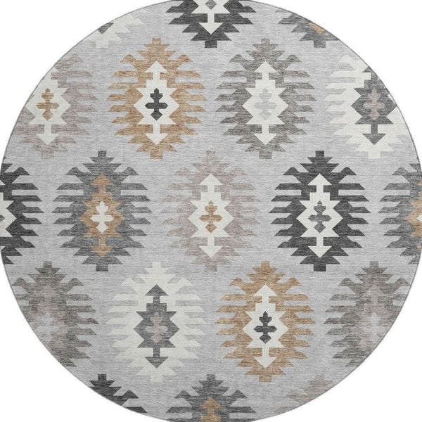 HomeRoots 8' Silver Gray and Taupe Southwestern Round Rug with UV Protection - Washable, Durable, Stylish Decor 677660