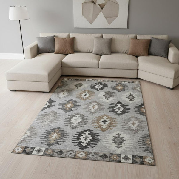 HomeRoots 8' X 10' Stylish Southwestern Washable Area Rug in Silver Gray & Taupe with UV Protection & Durability 677661