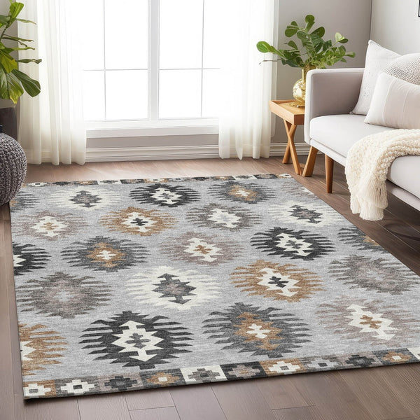 HomeRoots 9' X 12' Southwestern Area Rug in Silver Gray & Taupe - Washable, UV Protected, Pet Friendly Design 677662