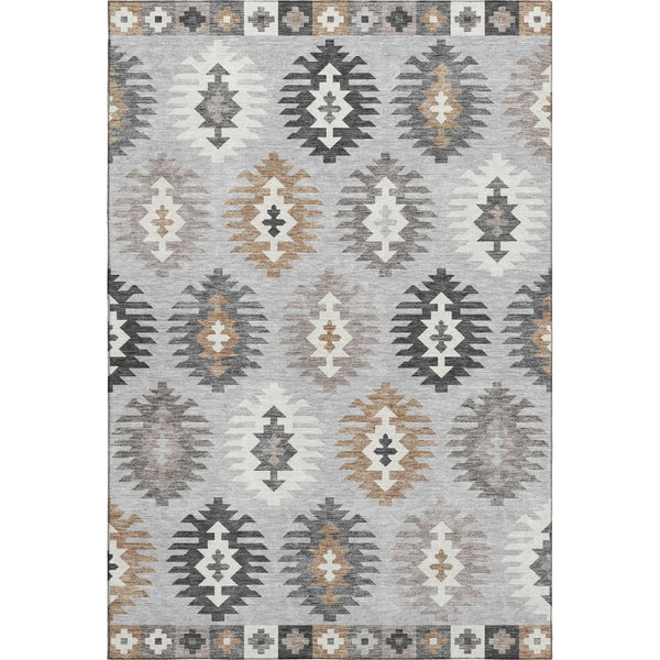 HomeRoots 9' X 12' Southwestern Area Rug in Silver Gray & Taupe - Washable, UV Protected, Pet Friendly Design 677662