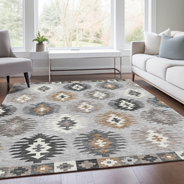 HomeRoots 9' X 12' Southwestern Area Rug in Silver Gray & Taupe - Washable, UV Protected, Pet Friendly Design 677662