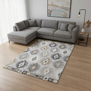 HomeRoots 10' Southwestern Area Rug in Silver Gray & Taupe - Durable, Washable, UV Protected for High-Traffic Spaces 677663