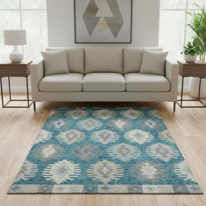HomeRoots 5' X 8' Teal Ivory & Gray Southwestern Area Rug – Washable, UV-Protected, Stain-Resistant Charm! 677665