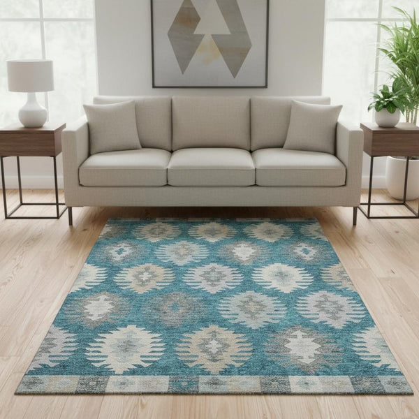 HomeRoots 5' X 8' Teal Ivory & Gray Southwestern Area Rug – Washable, UV-Protected, Stain-Resistant Charm! 677665
