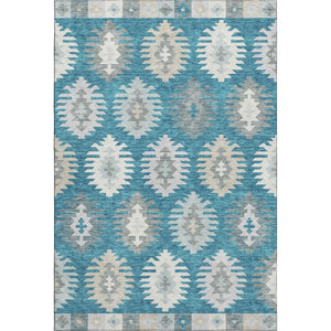 HomeRoots 5' X 8' Teal Ivory & Gray Southwestern Area Rug – Washable, UV-Protected, Stain-Resistant Charm! 677665